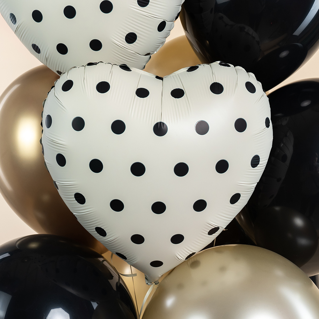 Шар (18''/46 см) Сердце, Черный горошек, Кремовый, 1 шт.