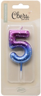 Свеча Цифра, 5 Сияющий космос, на шпажке, Градиент, 6 + 3 см, 1 шт. с держат.