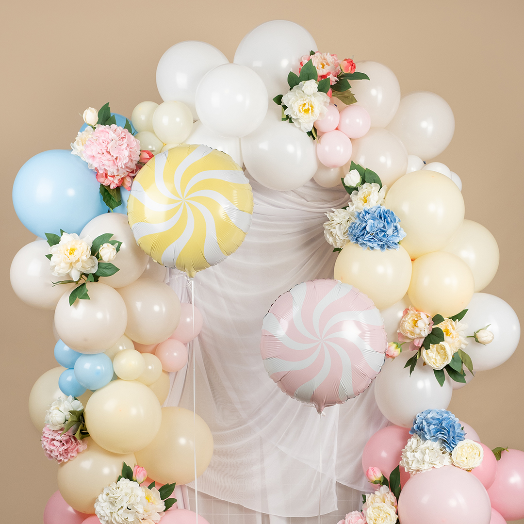 Шар (18''/46 см) Круг, Леденец, Желтый/Белый, Макарунс, 1 шт.