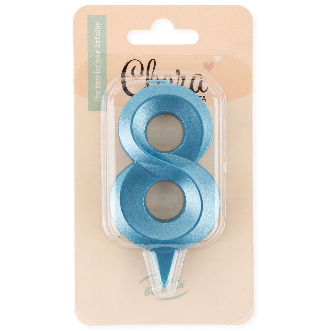 Свеча Цифра, 8 Грани, Синяя бирюза, 7 см, 1 шт.