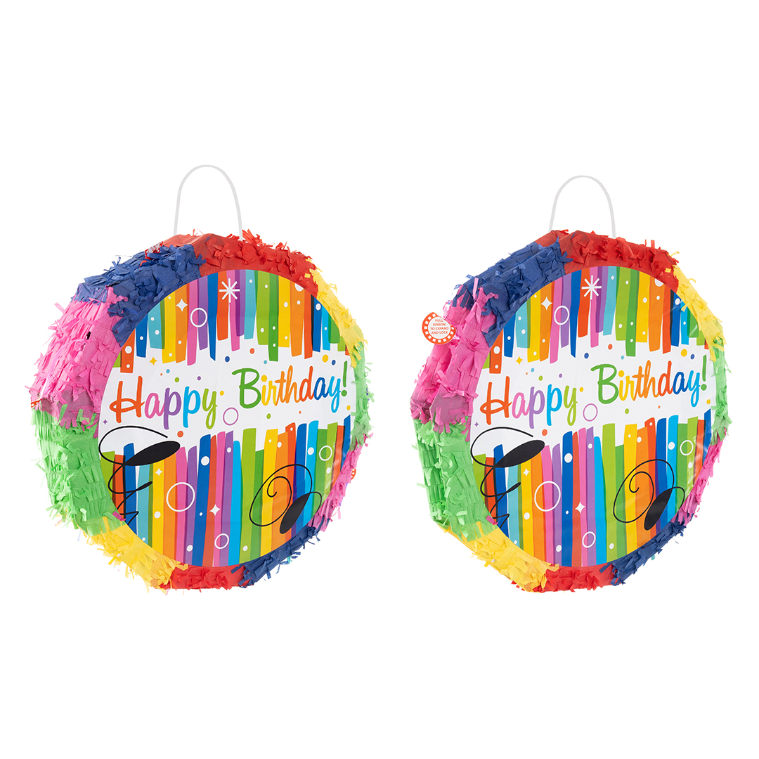 Пиньята складная, Круг, Happy Birthday (яркие полоски), 42*42*9 см, 1 шт. в упак. 