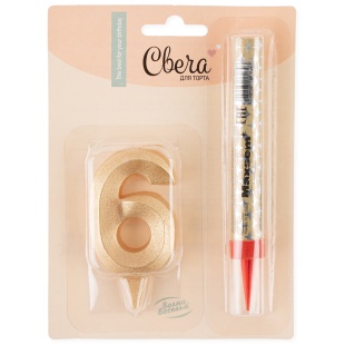 Набор, Фонтан и Свеча Цифра, 6 Грани, Золото, 10 см, 1 шт.