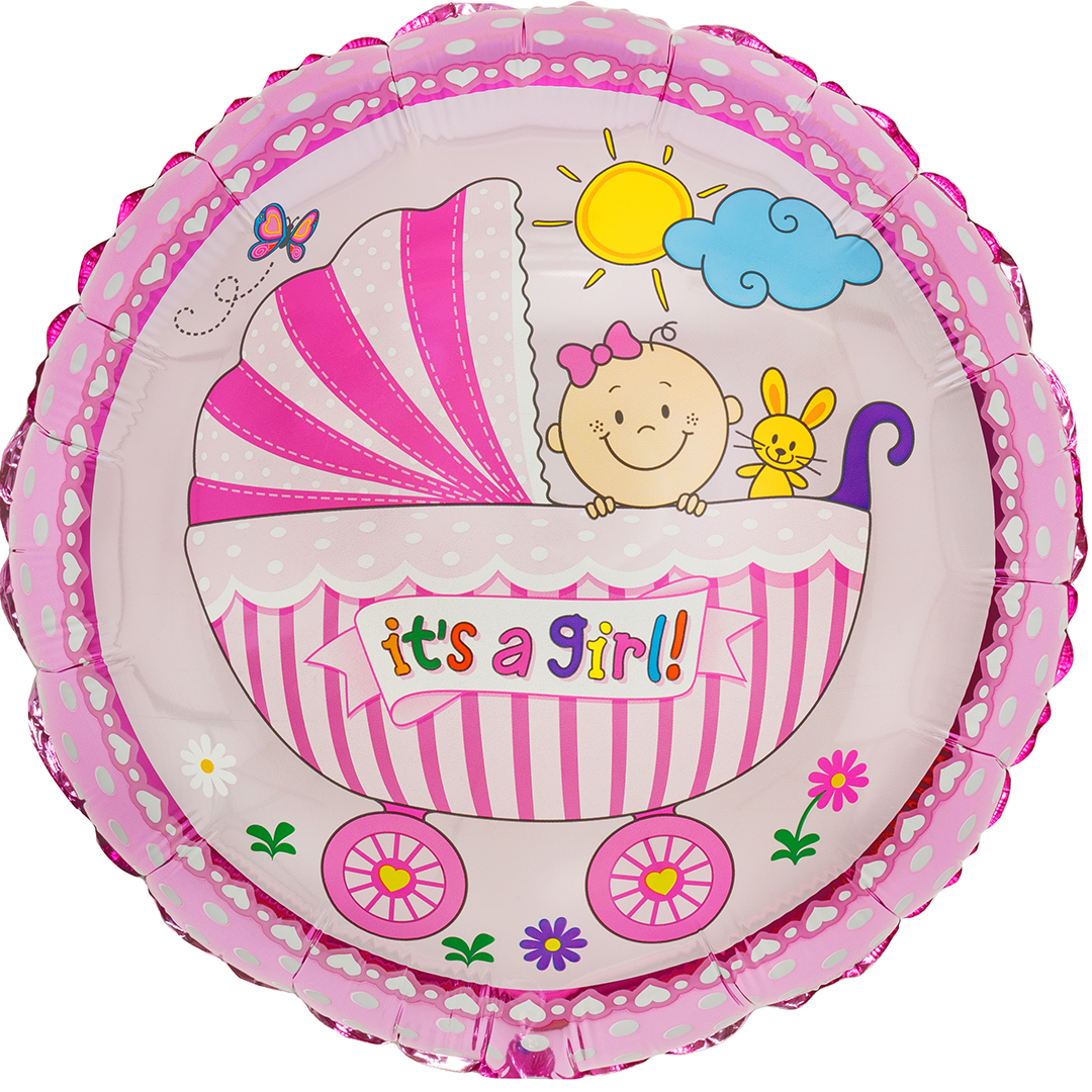 Шар (18''/46 см) Круг, Коляска для девочки, Розовый, 1 шт.