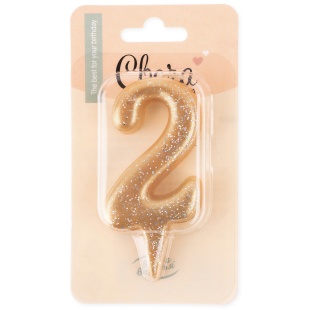 Свеча Цифра, 2 Овал, Золото, с блестками, 7 см, 1 шт.