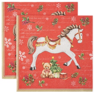 Сервировочные салфетки, Новогодняя лошадка, Красный, 33*33 см, 20 шт.
