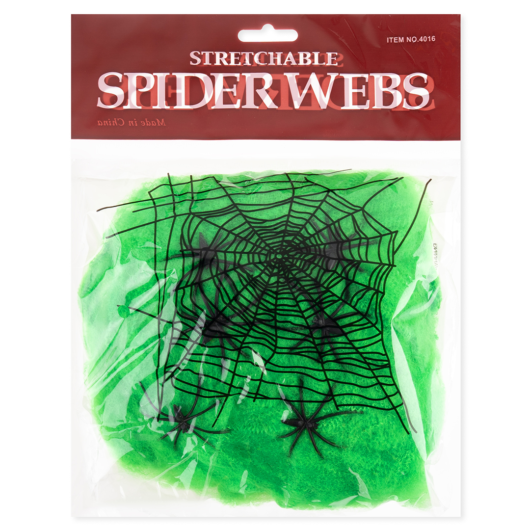 Декоративное украшение, Паутина и 6 пауков, 60 гр, Зеленый/Черный, 1 шт.