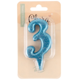 Свеча Цифра, 3 Овал, Синий, с блестками, 4*8 см, 1 шт.