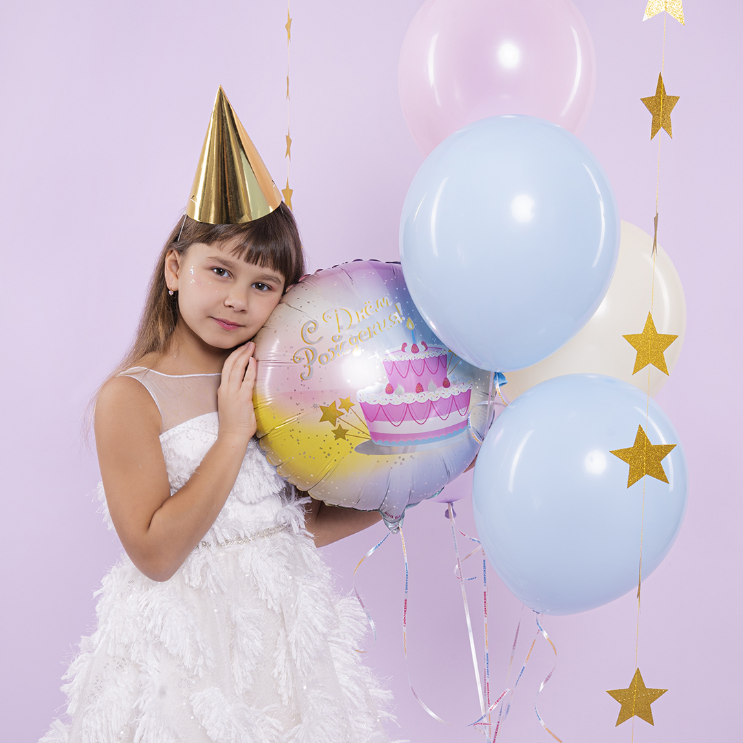 Шар (18''/46 см) Круг, С Днем Рождения! (тортик), 1 шт. в уп.