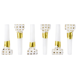 Карнавальные язычки гудки, Горошек, Белый/Золото, Металлик, 6 см, 6 шт. в упак. 