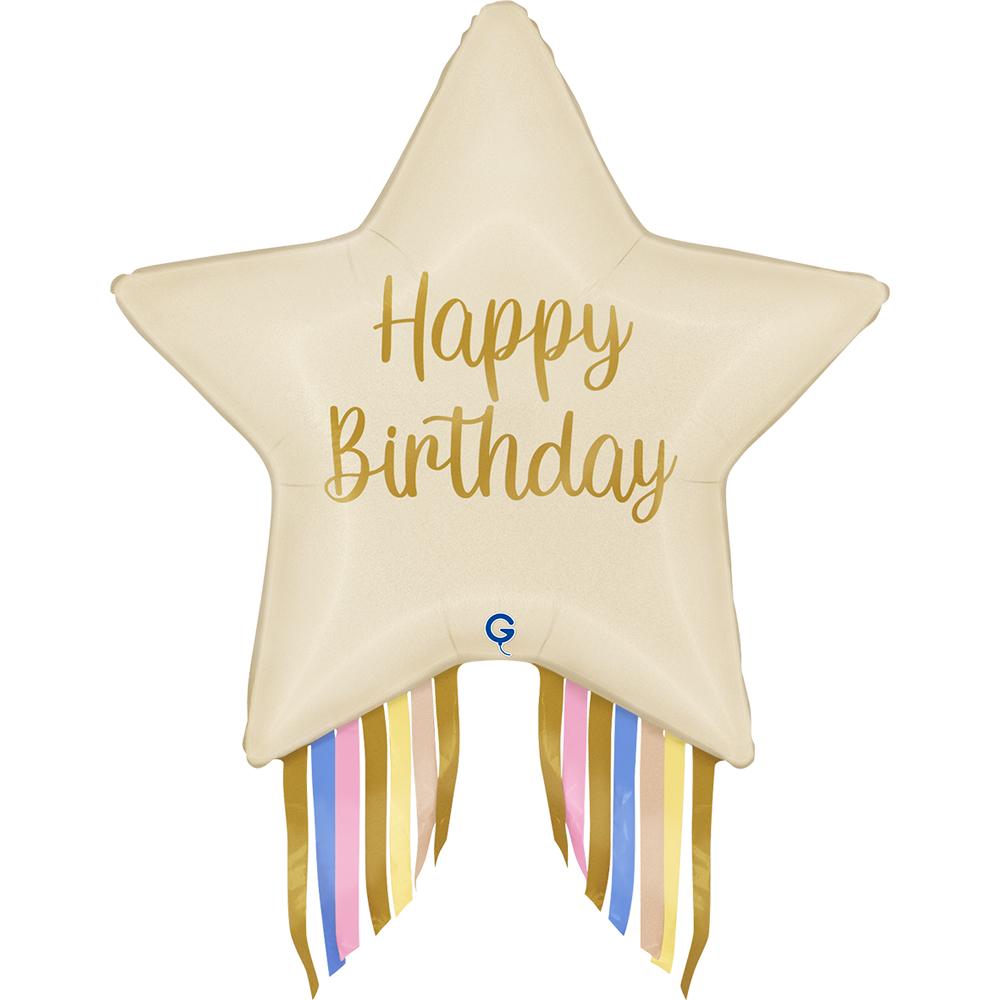 Шар (29''/74 см) Звезда, Happy Birthday, Праздничный каскад, Сатин, 1 шт. в уп.