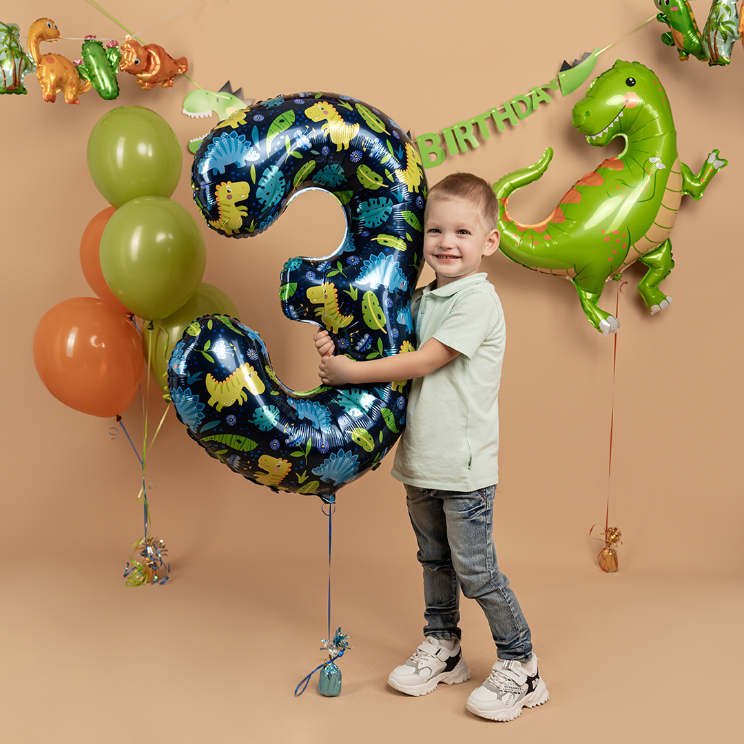 Шар (34''/86 см) Цифра, 3 Динозавры, 1 шт. в уп.