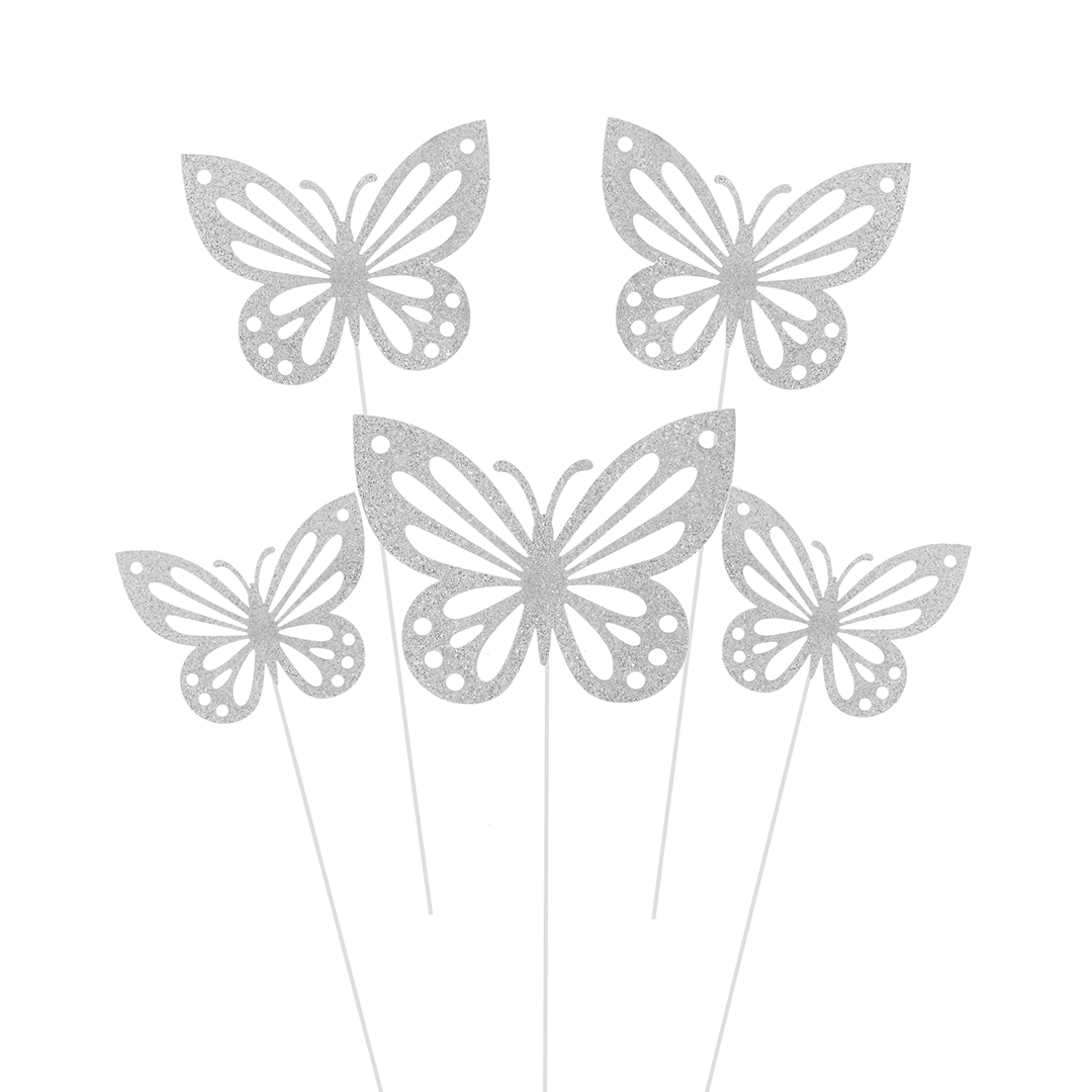 Топперы, Ажурные бабочки, Серебро, 18 см, 10 шт.