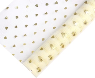 Фатин в рулоне (50 см*4,57 м) Золотые сердечки, Кремовый, Металлик, 1 шт.