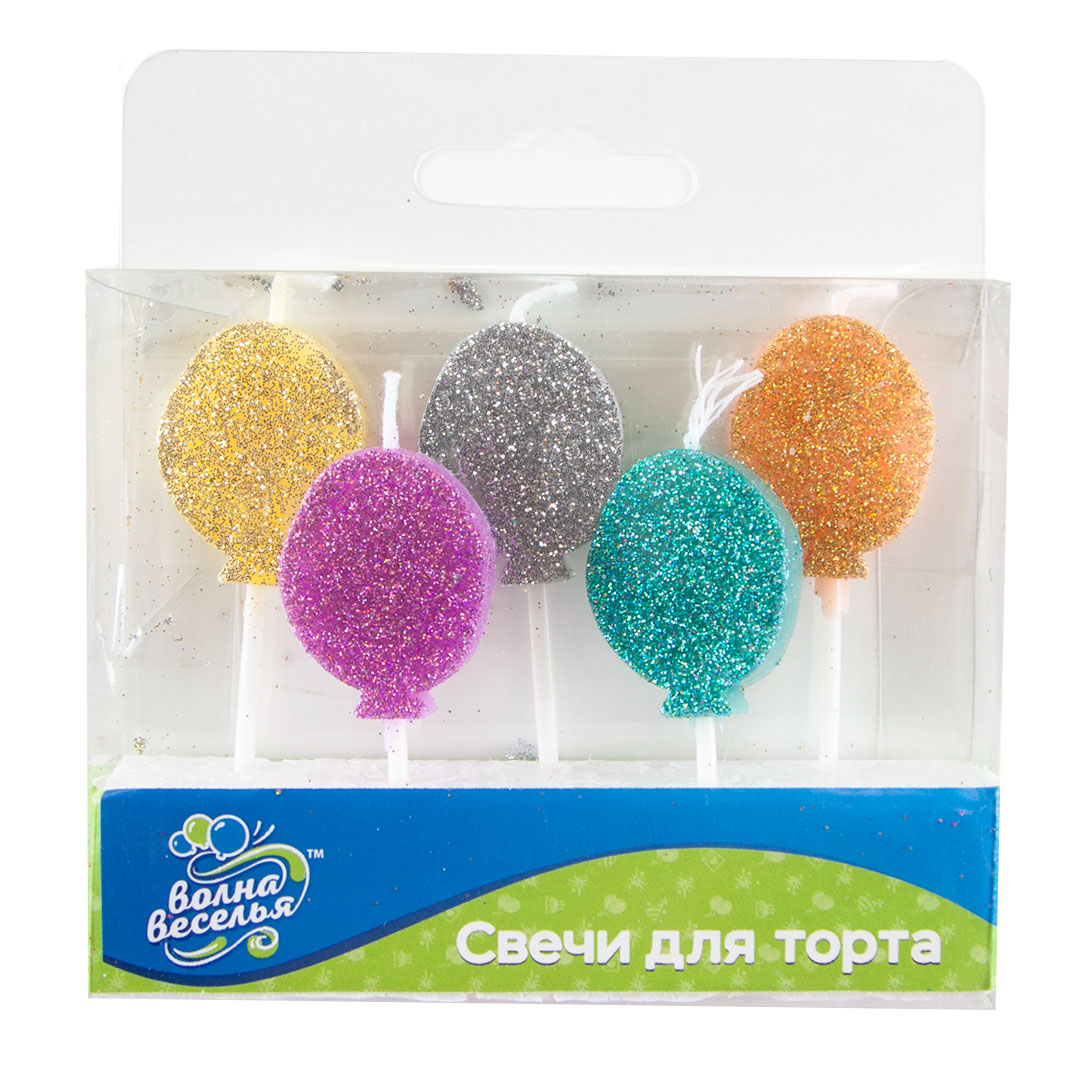 Свечи Фигура, Воздушные шарики, Ассорти, с блестками, 2,3*3 см, 5 шт. с держат.