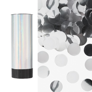 Хлопушка пружинная (4/10 см), Круги фольга, Серебро, Лазерная голография, 1 шт.