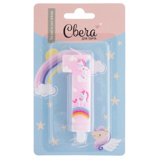 Свеча Цифра, 1 Волшебные единороги, Розовый, 9 см, 1 шт. с держат.