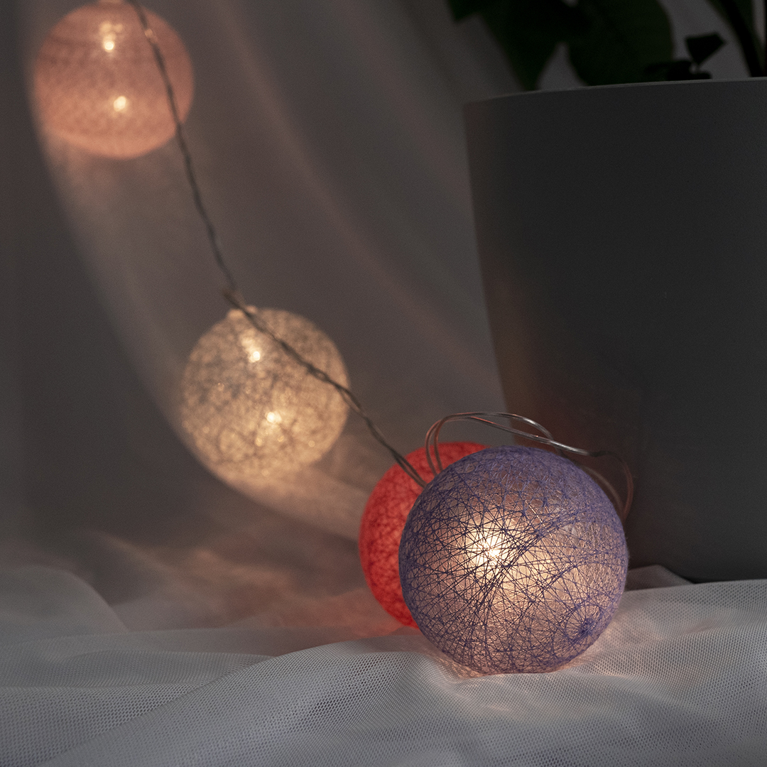 Светодиодная гирлянда Хлопковые клубочки, Милый микс, 20 Led, IP14, 3 м. Розовый/Сиреневый, 1 шт.
