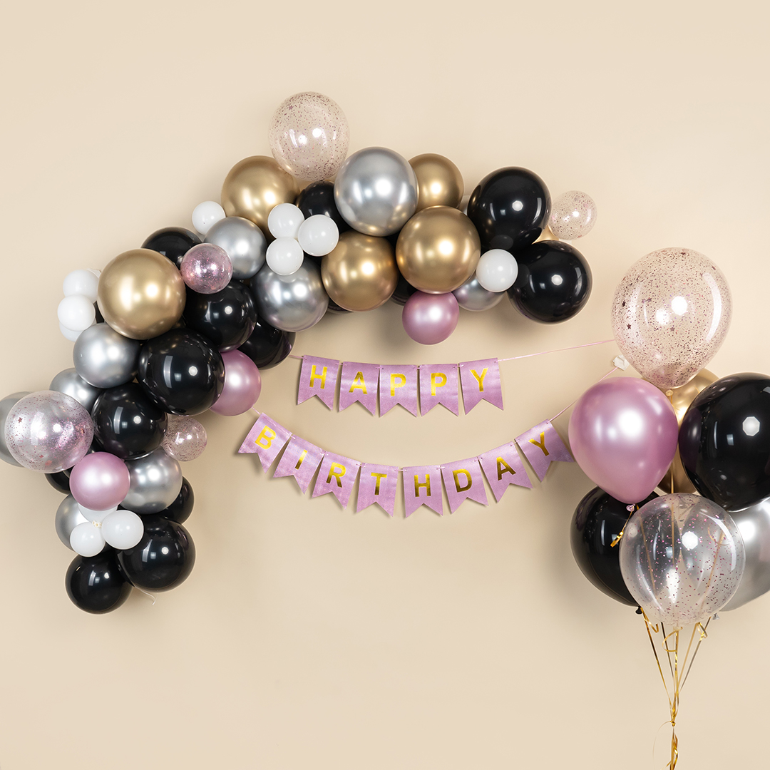 Гирлянда Флажки, Happy Birthday (фактура точки), Розовый/Золото, Металлик, 500 см, 16*12 см, 1 упак.