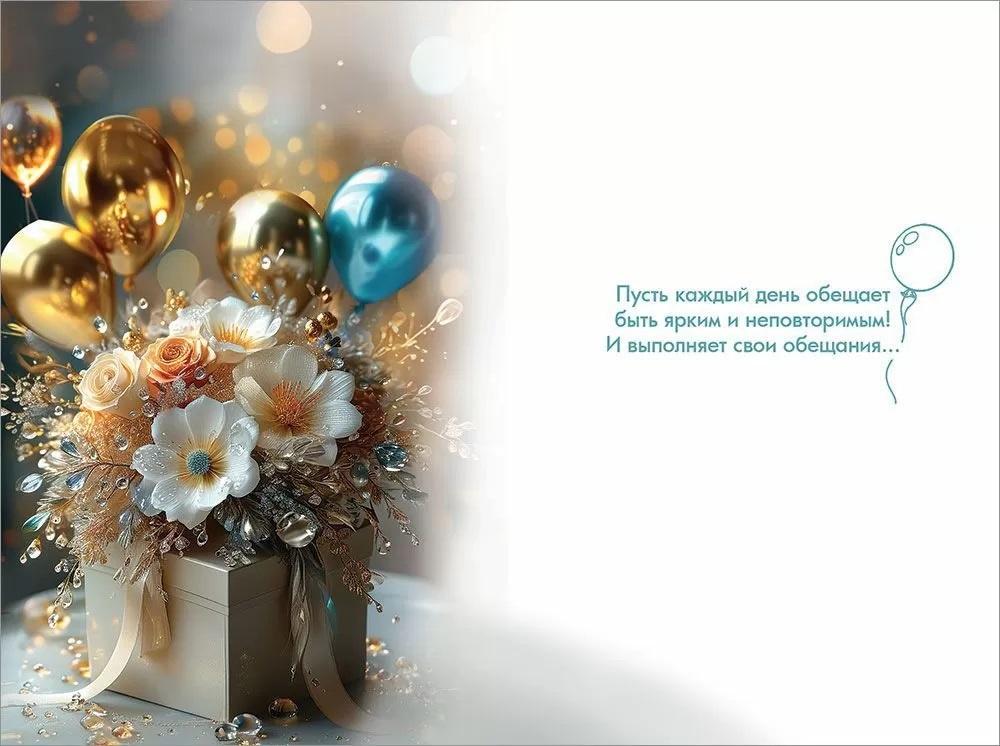 Открытка, С Днем Рождения! (цветы и шарики), с блестками, 12,2*18,2 см, 10 шт.