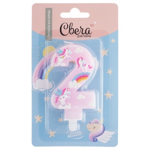 Свеча Цифра, 2 Волшебные единороги, Розовый, 9 см, 1 шт. с держат.