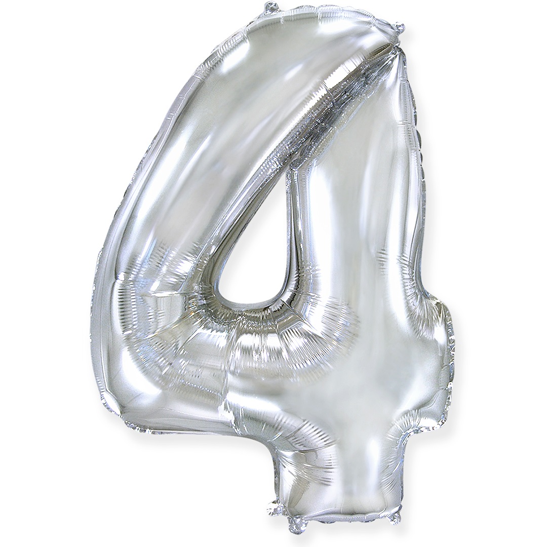 Шар (40''/102 см) Цифра, 4, Серебро, 1 шт. в уп.