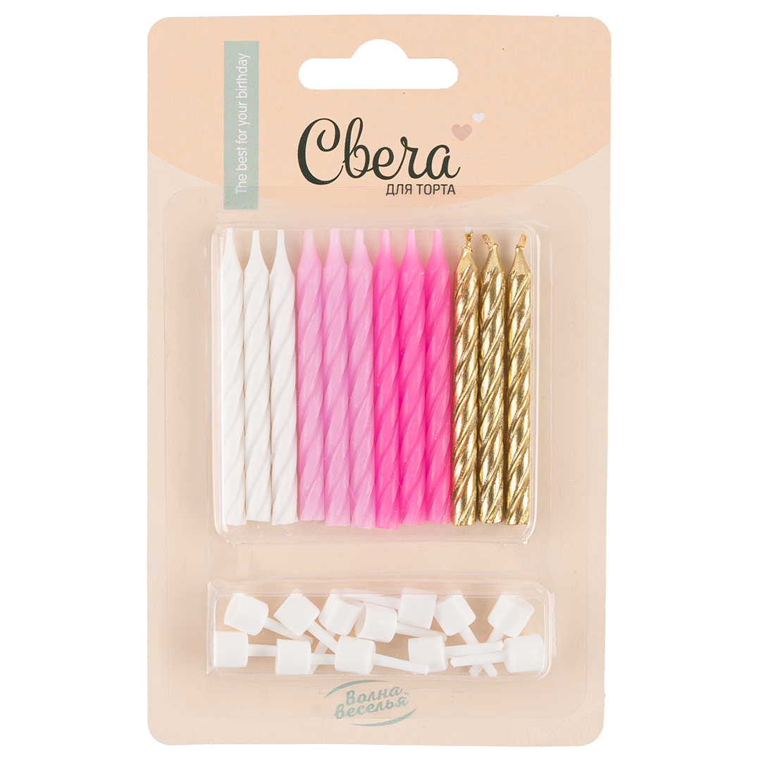 Свечи Розовый микс, Металлик, 6 см, 12 шт. с держат.