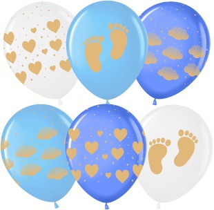Шар (12''/30 см) Новорожденный (сердца и облака), Ассорти, кристалл, 5 ст, 25 шт.
