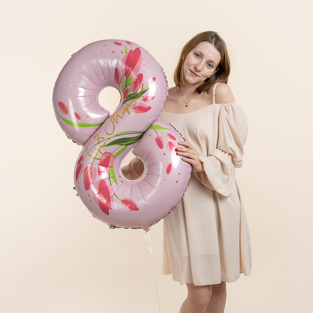 Шар (34''/86 см) Цифра, 8 Марта, Тюльпаны, 1 шт. в уп.
