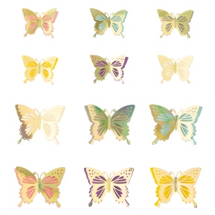 Наклейки Бабочки, Двуслойные, Золото, Голография, 8-11 см*12 шт, 1 упак.