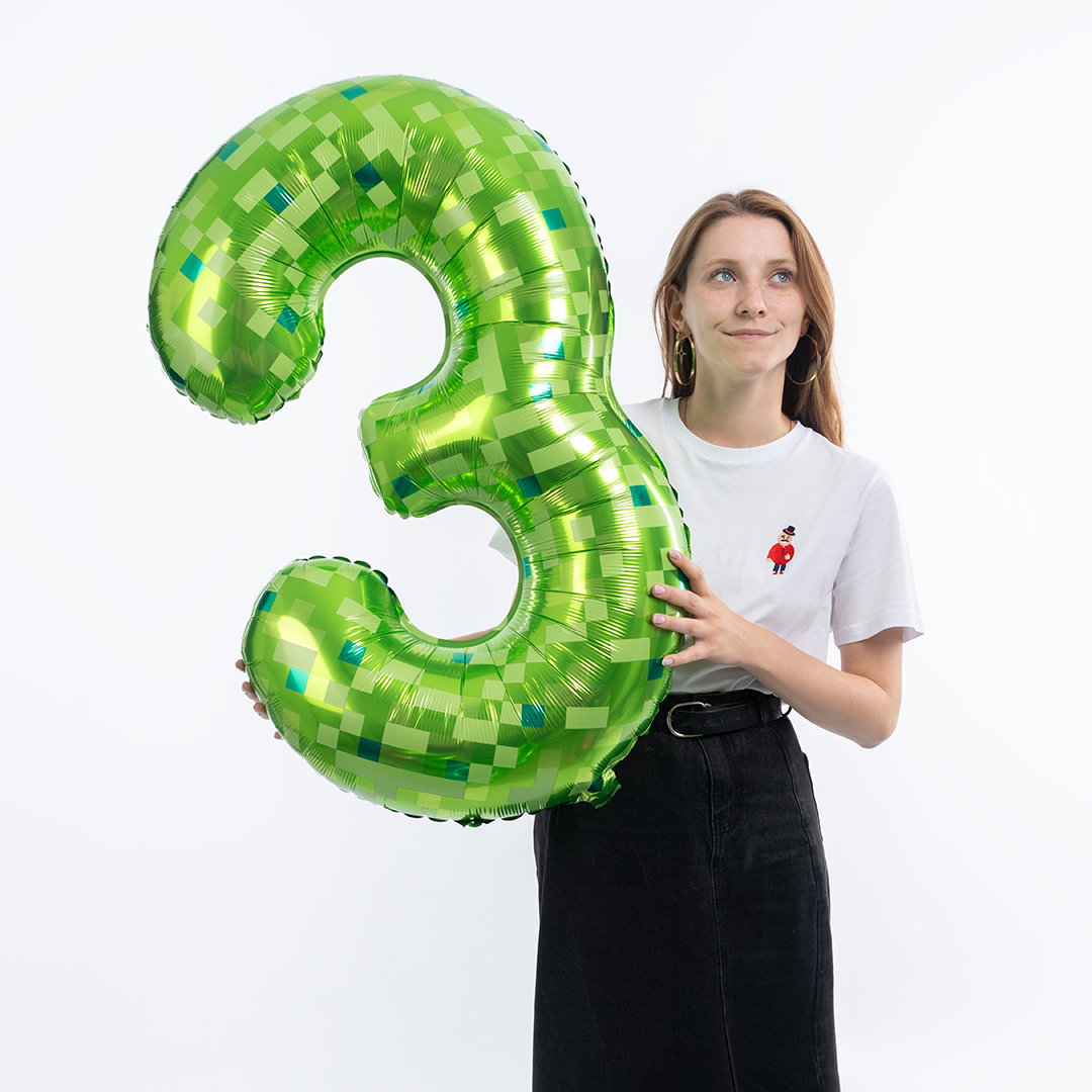 Шар (40''/102 см) Цифра, 3 Пиксели, Зеленый, 1 шт. в уп.