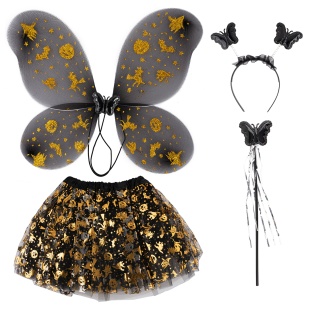 Набор (ободок, крылья, юбочка, волшебная палочка), Бабочка, Черный/Золото, 47*38 см, 1 шт. 