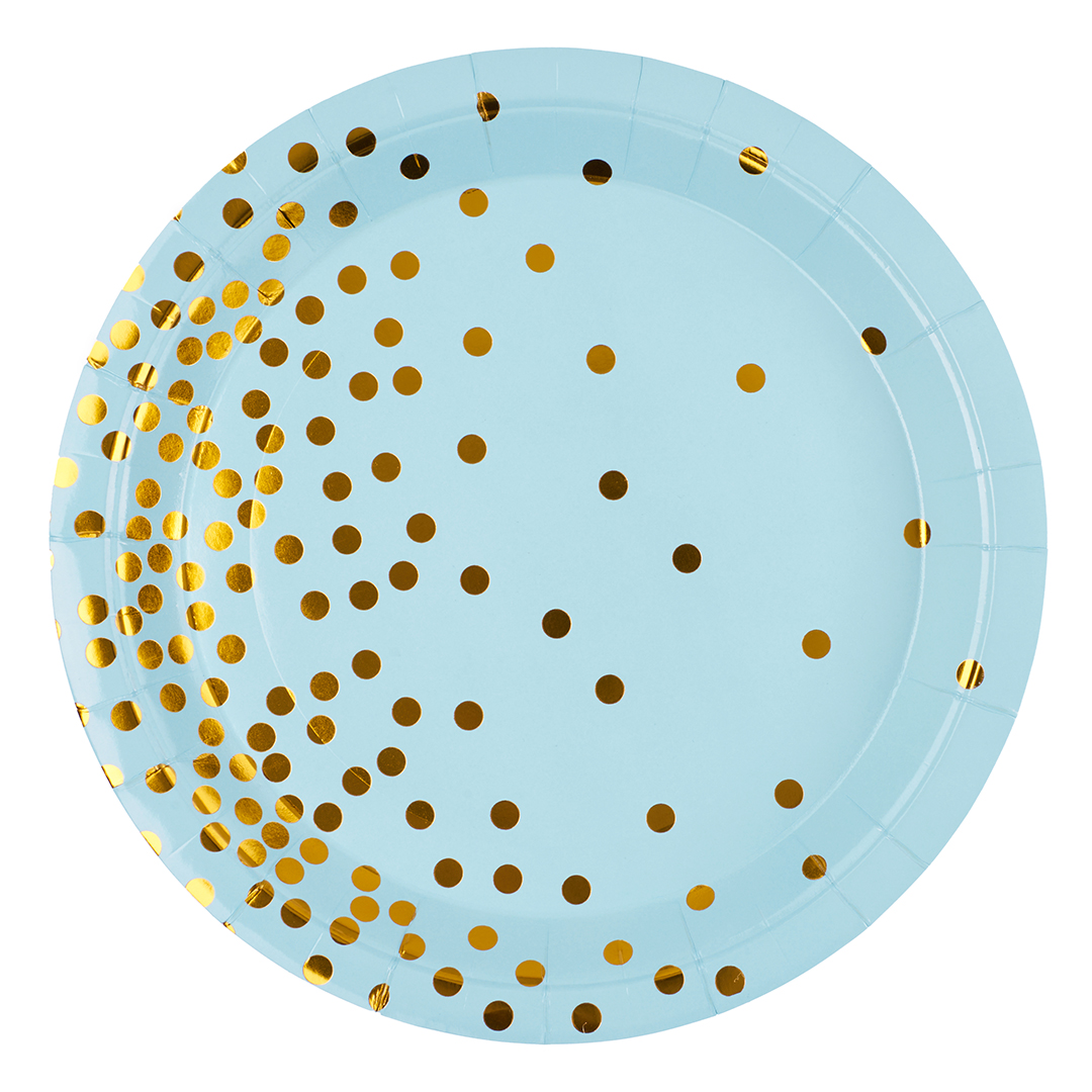 Тарелки (9''/23 см) Конфетти, Светло-голубой/Золото, Металлик, 6 шт.