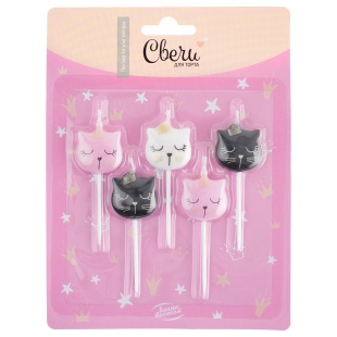 Набор свечей Фигура, Котенок Принцесса, Ассорти, Металлик, 6 см, 5 шт. с держат.
