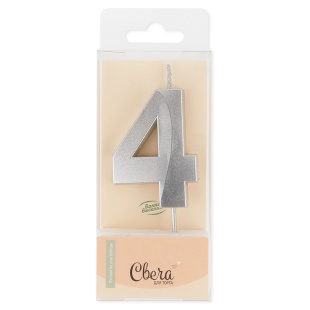 Свеча Цифра, 4 Грани, Серебро, Металлик, 4,2*6 + 4,5 см, 1 шт. с держат.