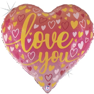 Шар (30''/76 см) Сердце, Love you (множество сердец), Розовый, Голография, 1 шт.
