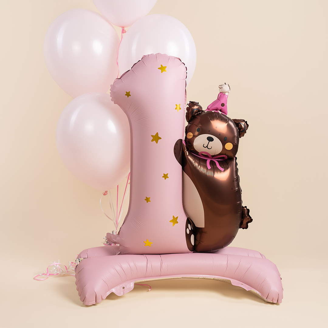 Шар (35''/89 см) Цифра на подставке, 1 Годик, Мишка в колпачке, Розовый, Сатин, 1 шт. в уп.