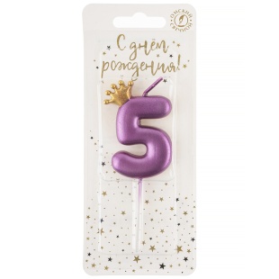 Свеча Цифра, 5 Золотая корона, на шпажке, Ярко-розовый, Металлик, 4*5,5 + 4 см, 1 шт. с держат.