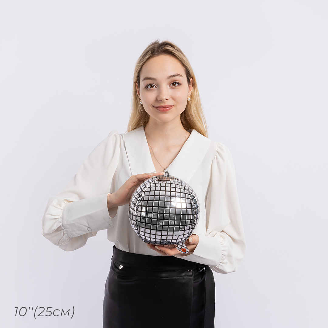 Шар 3D (10''/25 см) Мини-сфера, Диско, Серебро, 5 шт. в уп.
