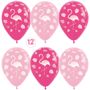 Шар (12''/30 см) Фламинго и листья, Фуше (012)/Розовый (009), пастель, 5 ст, 50 шт.