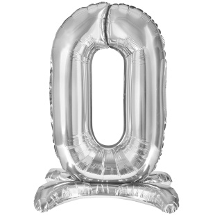 Шар (32''/81 см) Цифра на подставке, 0, Серебро, 1 шт. в уп.