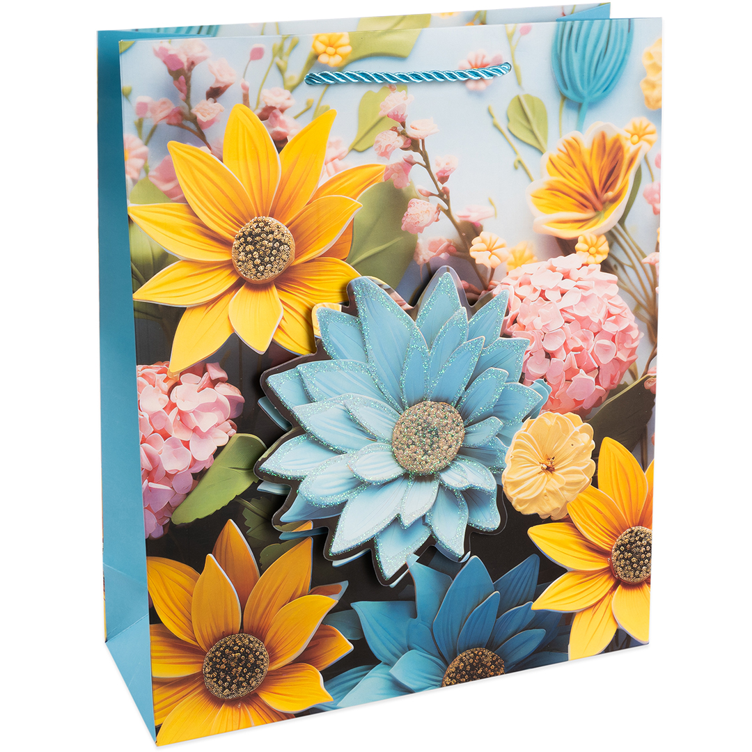 Пакет подарочный, 210гр, Цветочная аппликация, Дизайн №2, с блестками, 23*18*10 см, 1 шт.