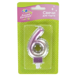 Свеча Цифра, 6, Розовый, Градиент, 7,5 см, 1 шт. с держат.