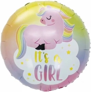 Шар (18''/46 см) Круг, Рождение Девочки (единорог на облаке), 1 шт.