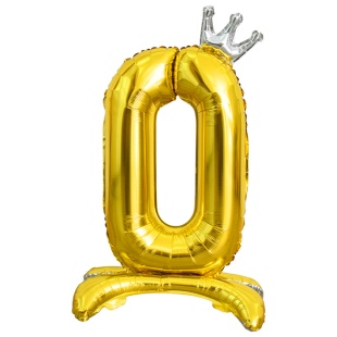Шар (32''/81 см) Цифра на подставке, 0 Серебристая корона, Золото, 1 шт. в уп.