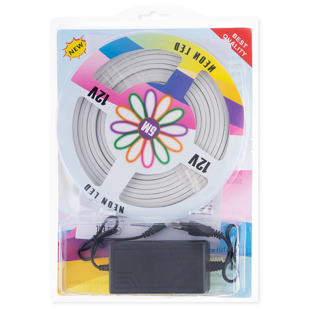 Светодиодная гирлянда, Дюралайт 120 Led/м, с адаптером, 6*12мм,12v, 5 м. Теплый белый, 1 шт.