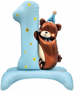 Шар (35''/89 см) Цифра на подставке, 1 Годик, Мишка в колпачке, Голубой, Сатин, 1 шт. в уп.