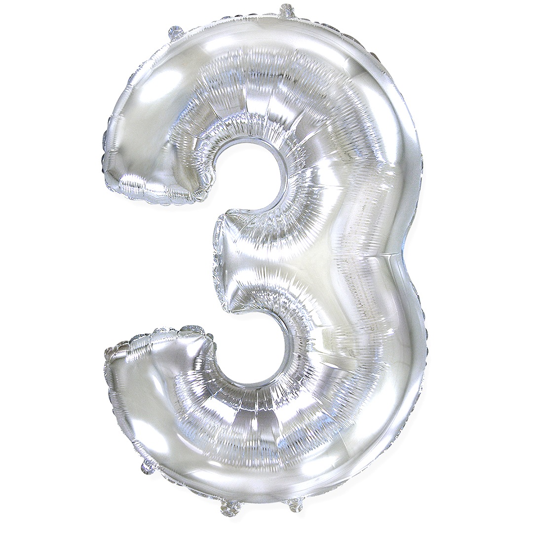 Шар (40''/102 см) Цифра, 3, Серебро, 1 шт. в уп.