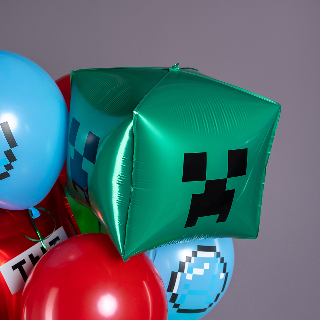Шар 3D (22''/56 см) Куб, Пиксельный монстр, Зеленый, 1 шт.