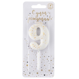 Свеча Цифра, 9 Золотые брызги, на шпажке, Белый, Металлик, 4,3 + 5,2 см, 1 шт. с держат.