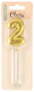 Свеча Цифра, 2 Воздушный шарик, на шпажке, Золото, Металлик, 5,5 см, 1 шт. с держат.